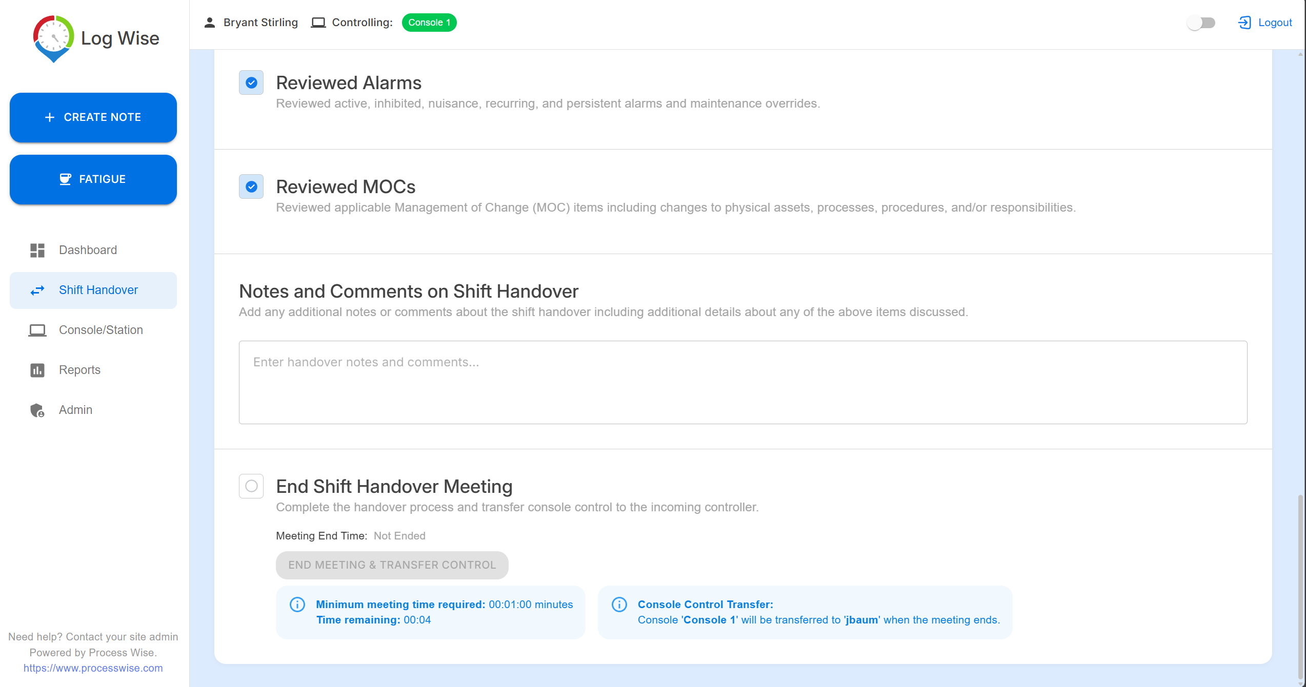 Log Wise shift handover active AOCs review